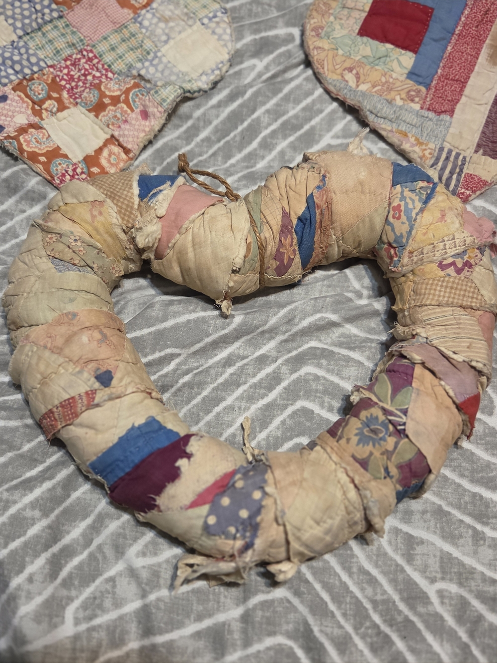 Primitive Trio: Antique Quilt Heart Wreath & Matching Wall Hangers Set